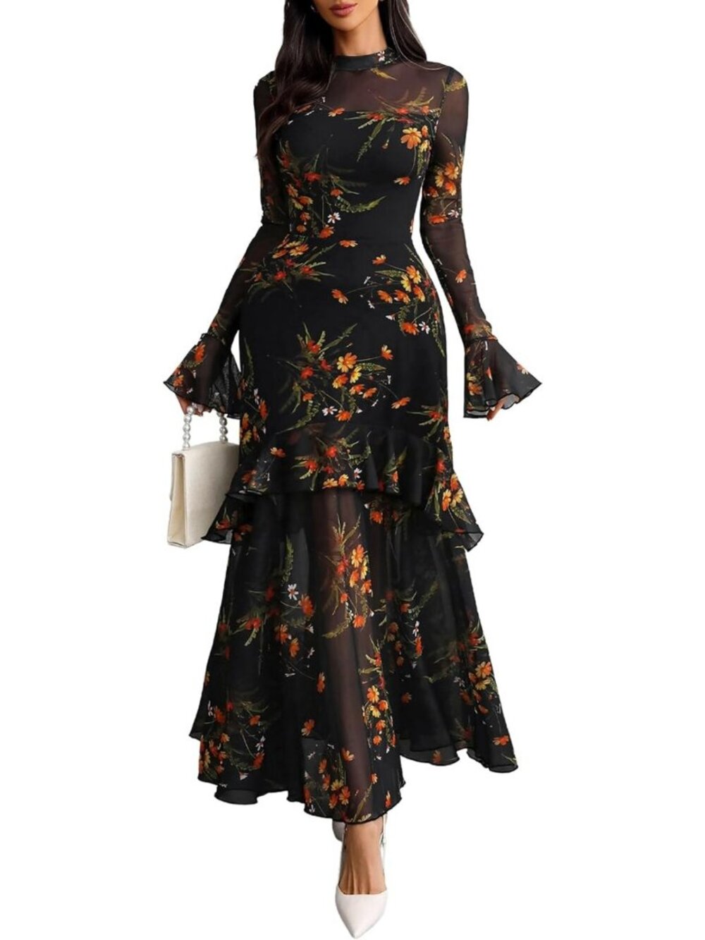 Floral Maxi Dress for Women | Goth Dark Bell Sleeve Party & Wedding Guest Dress